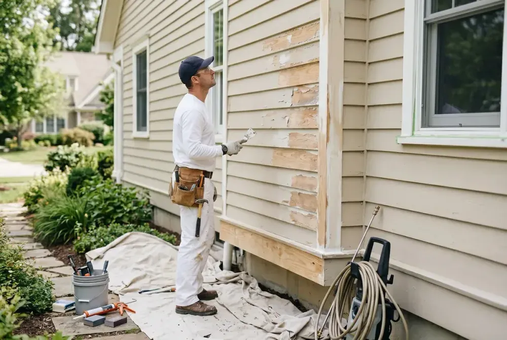 Cornerstone crew pressure washing and prepping a home exterior